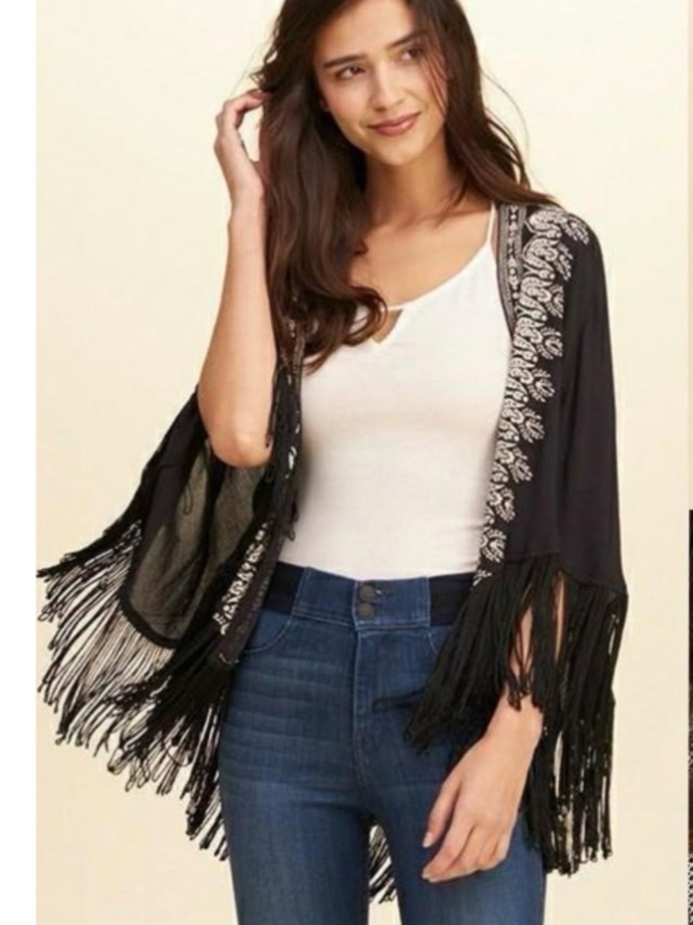 Hollister Black Boho Embroidered Fringe Kimono